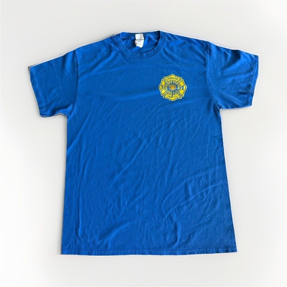 Port & Company Core Blend Blue Ukraine Graphic Double-Sided Crew Neck Tee - L
